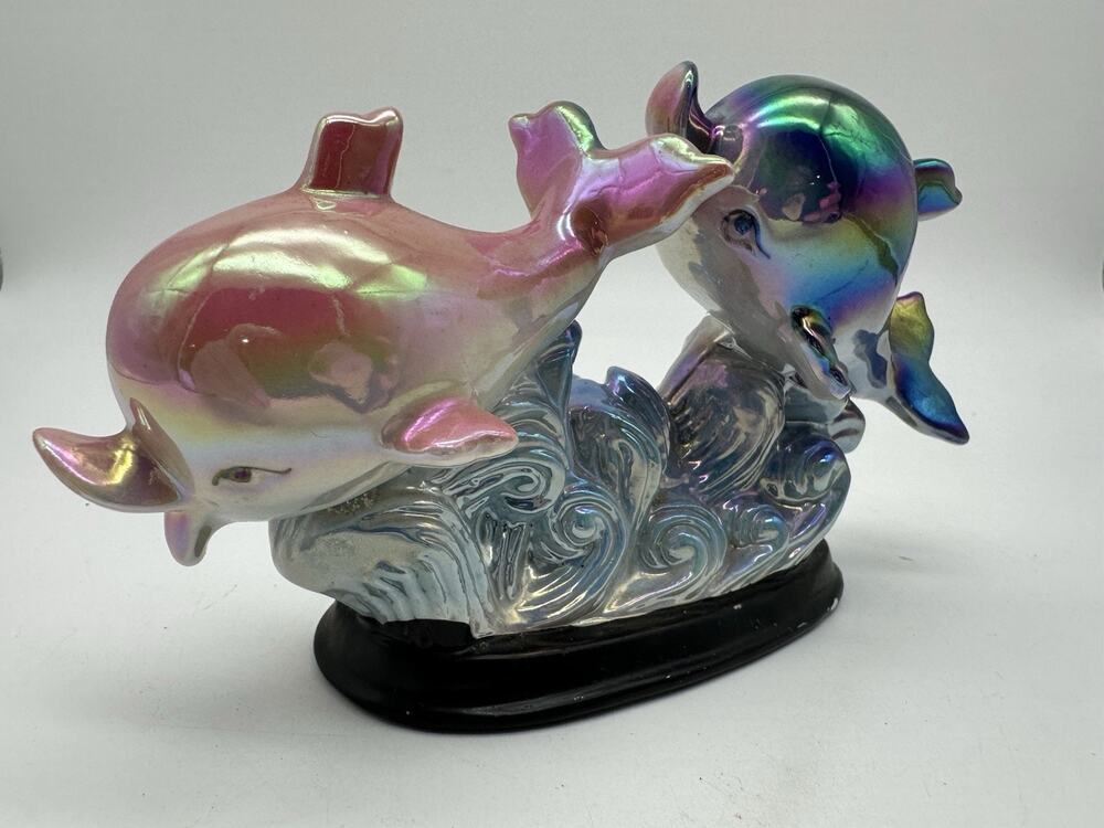 Vintage Ceramic Dolphins Lusterware Figurine Nautical Pink Blue